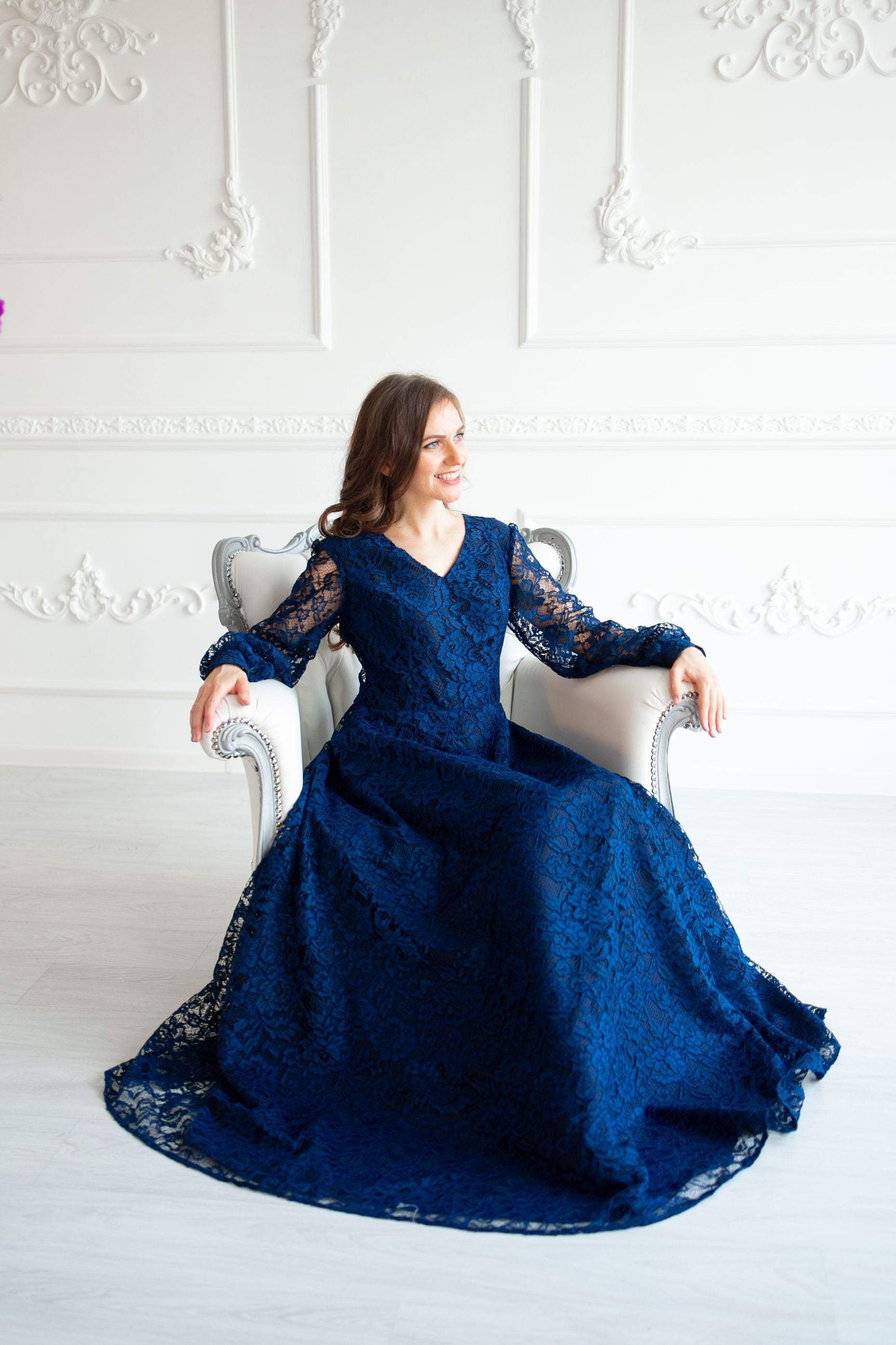 Navy Blue Illusion Long Sleeve High Slit Prom Dress - Promfy